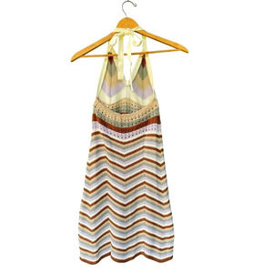 Pink Rose Crochet Halter Mini Dress Boho Festival Chevron Knit M